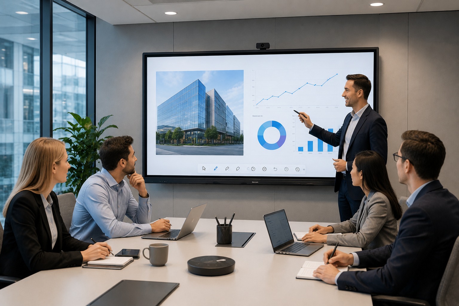 Interactive flat panel in a modern meeting room